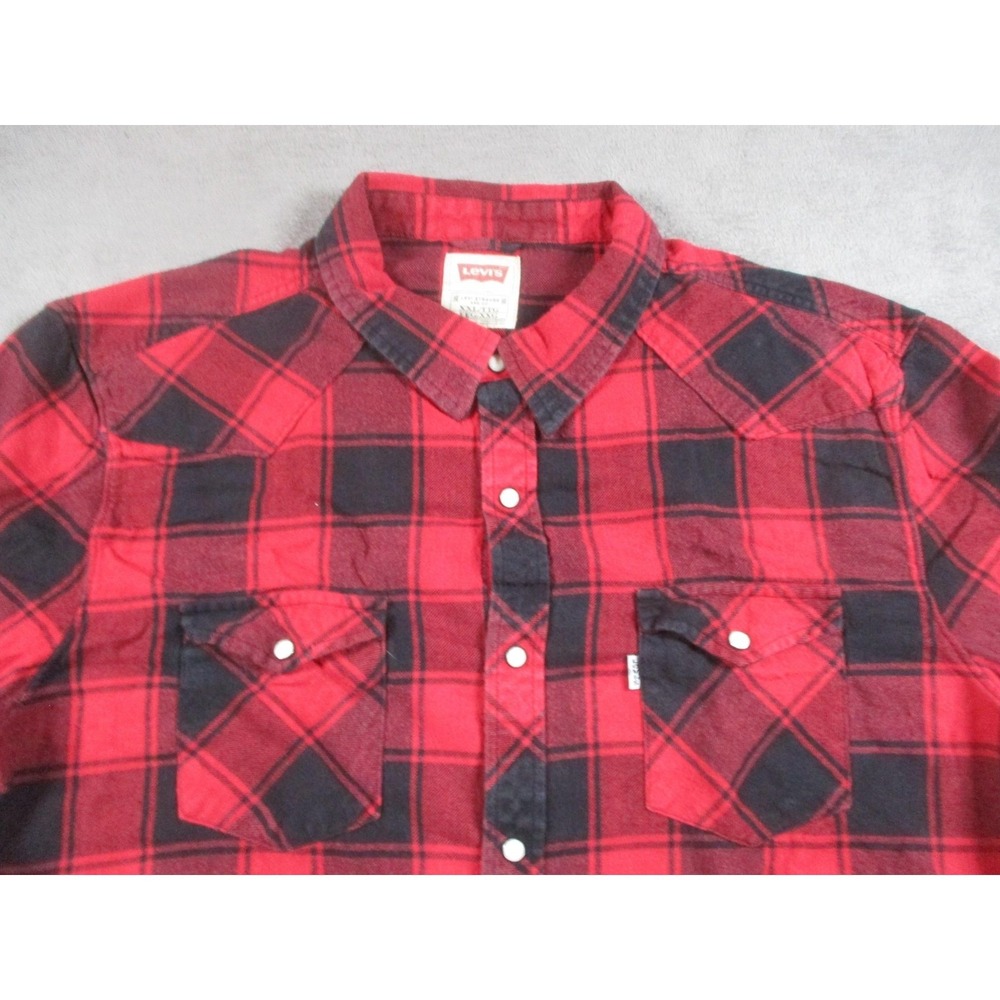 Levis Flannel Shirt Women 2XL Red Black Plaid Western Pearl Snap Buffalo Check